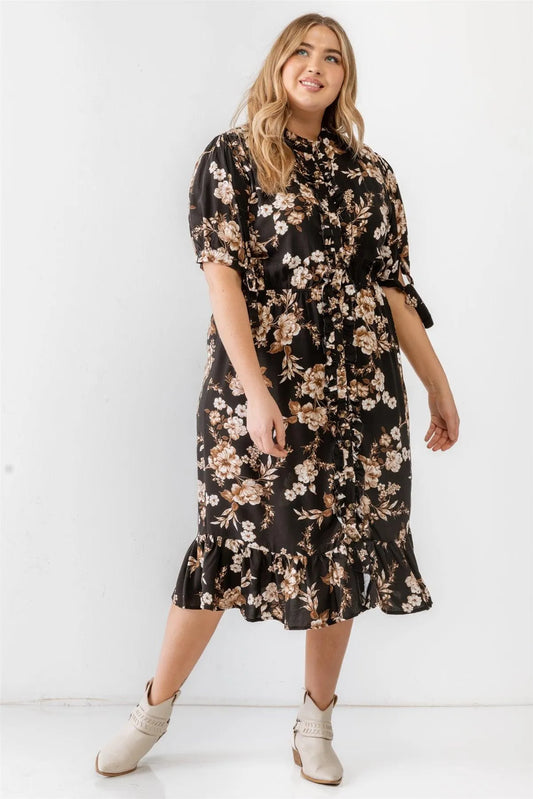 Junior Plus Black & Sand Floral Button-Up Ruffle Trim Short Tie Sleeve Midi Dress /1-1-1 - Tasha Apparel Wholesale