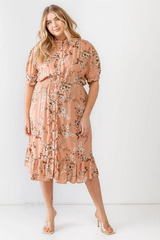 Junior Plus Rose & Gold Floral Button-Up Ruffle Trim Short Tie Sleeve Midi Dress - Tasha Apparel Wholesale