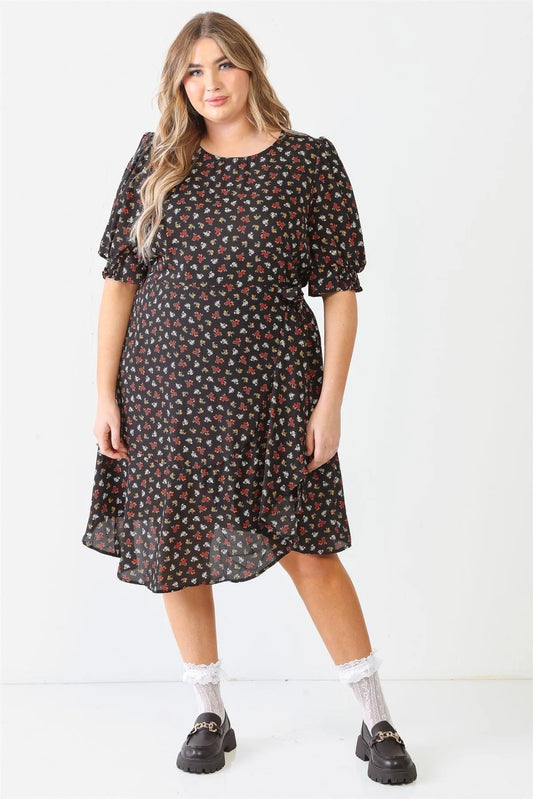 Junior Plus Black Flower Print Midi Sleeve Belted Flare Midi Dress /2-1-2 - Tasha Apparel Wholesale
