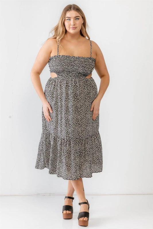 Junior Plus Black Floral Smocked Cut-Out Strappy Midi Dress /1-1-1 - Tasha Apparel Wholesale