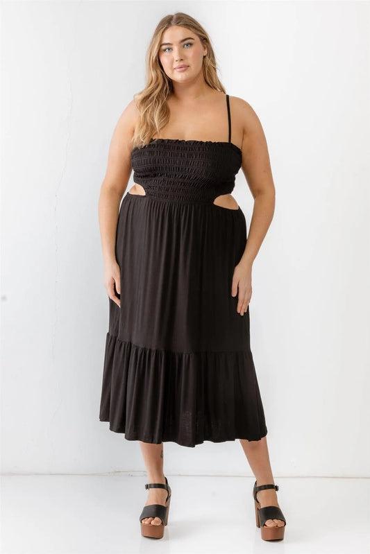 Junior Plus Black Smocked Cut-Out Strappy Flare Hem Midi Dress /1-1-1 - Tasha Apparel Wholesale