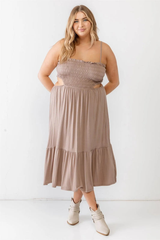 Junior Plus Mocha Smocked Sleeveless Cut-Out Strappy Flare Midi Dress /1-1-1 - Tasha Apparel Wholesale