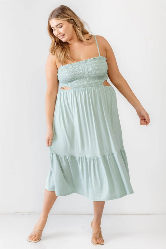 Junior Plus Sage Smocked Sleeveless Cut-Out Strappy Flare Midi Dress /1-1-1 - Tasha Apparel Wholesale