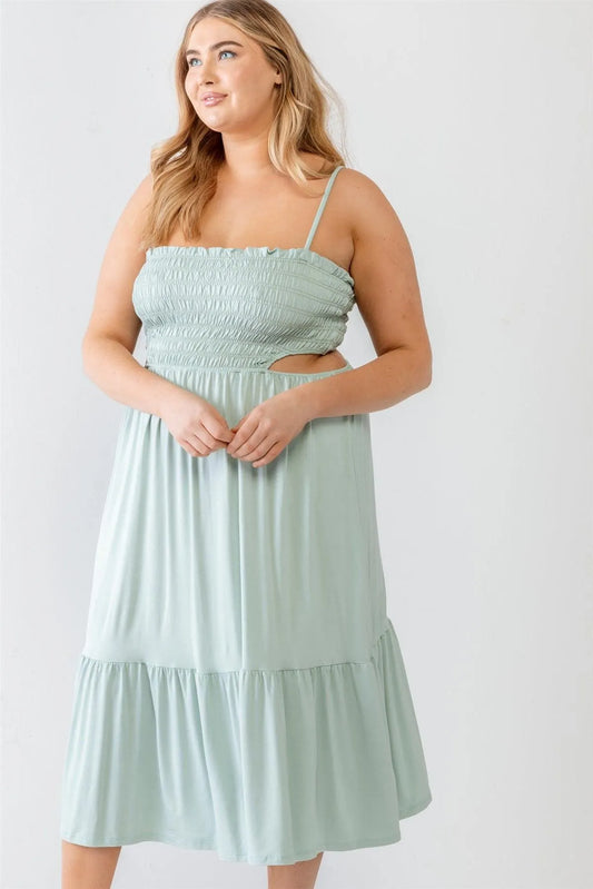 Junior Plus Sage Smocked Sleeveless Cut-Out Strappy Flare Midi Dress /2-2 - Tasha Apparel Wholesale