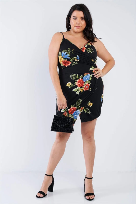 Junior Plus Size Black Floral Wrap Skort Romper /2-2-2 - Tasha Apparel Wholesale