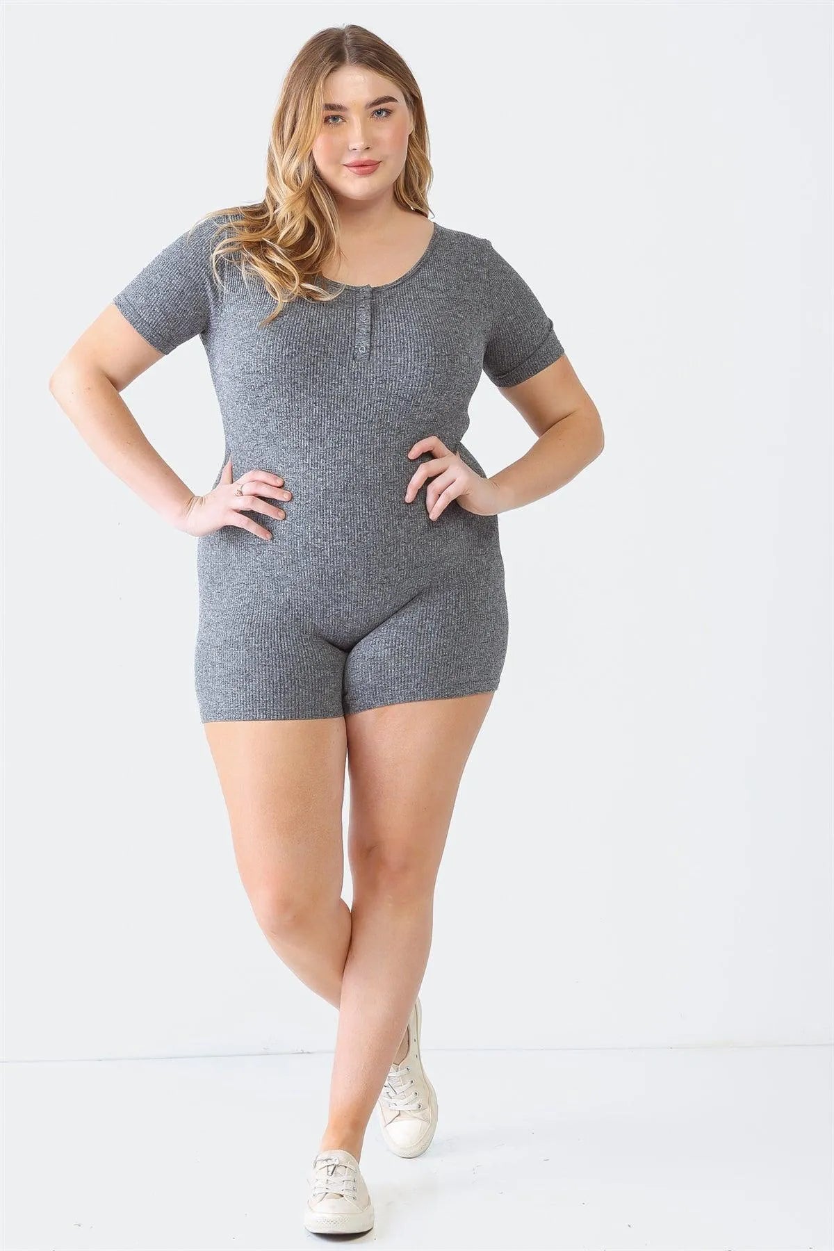 Junior Plus Charcoal Black Ribbed Button-Up Short Sleeve Romper /4-2 - Tasha Apparel Wholesale