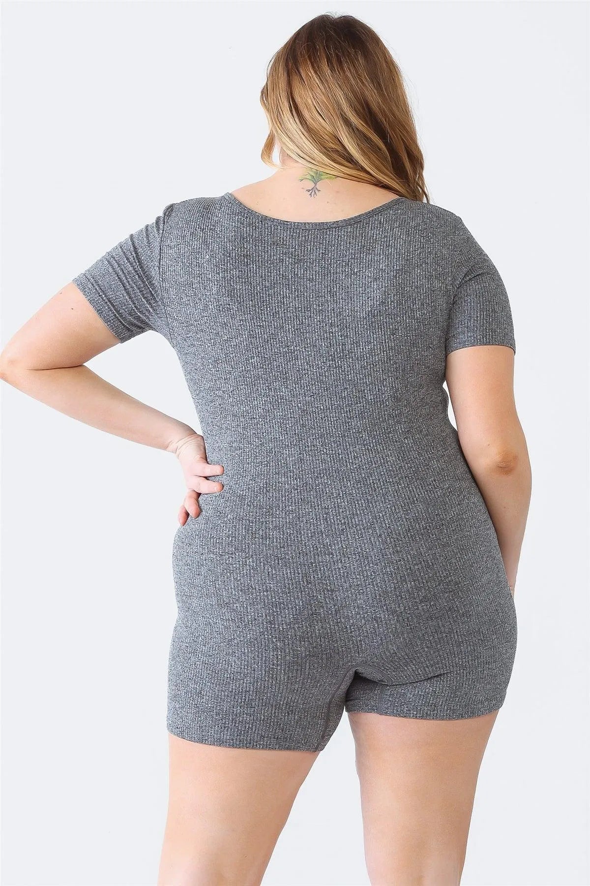 Junior Plus Charcoal Black Ribbed Button-Up Short Sleeve Romper /4-2 - Tasha Apparel Wholesale