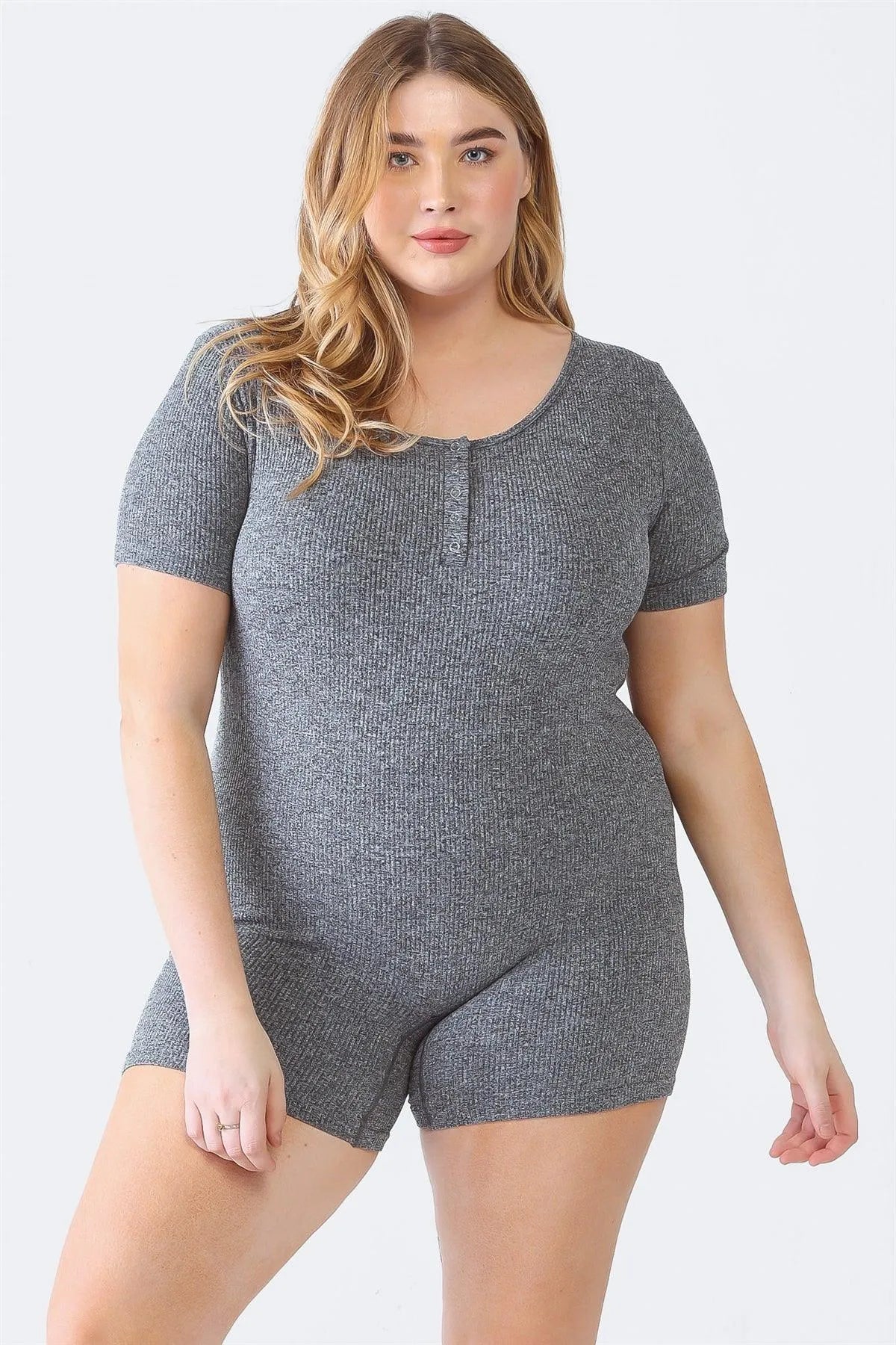 Junior Plus Charcoal Black Ribbed Button-Up Short Sleeve Romper /4-2 - Tasha Apparel Wholesale
