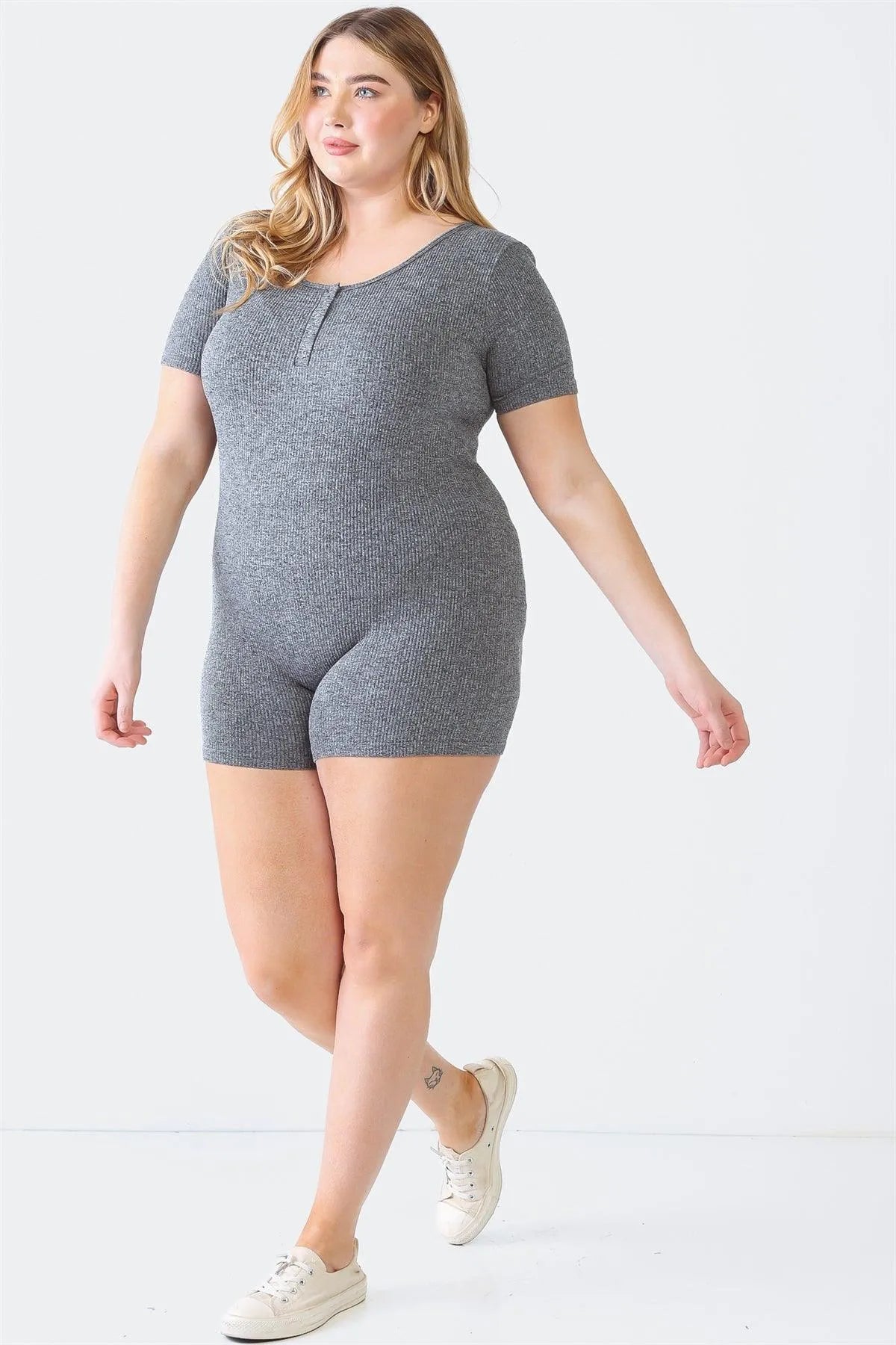 Junior Plus Charcoal Black Ribbed Button-Up Short Sleeve Romper /4-2 - Tasha Apparel Wholesale