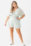 Junior Plus Mint Flower Short Dolman Sleeve Lace-Up Smocked Romper /1-1-1 - Tasha Apparel Wholesale