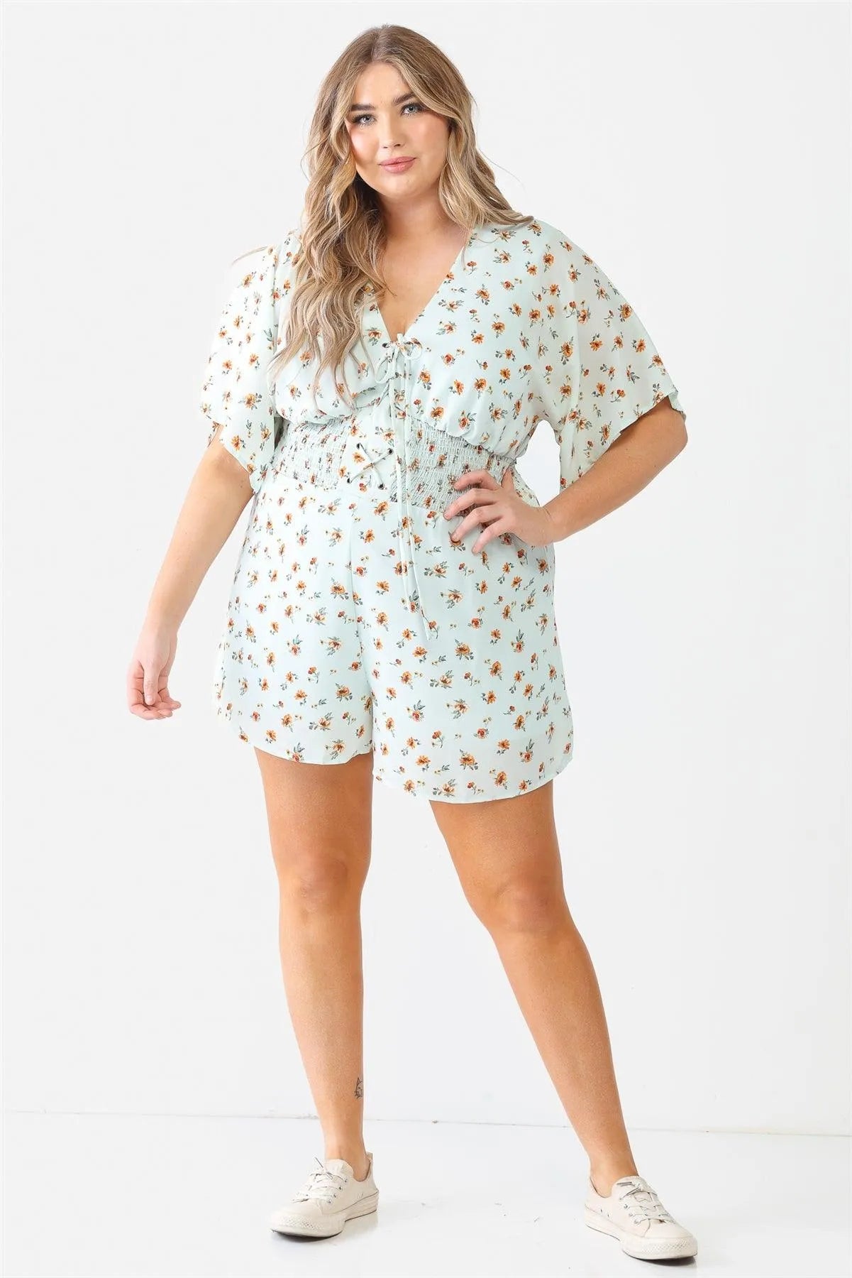 Junior Plus Mint Flower Short Dolman Sleeve Lace-Up Smocked Romper /1-1-1 - Tasha Apparel Wholesale