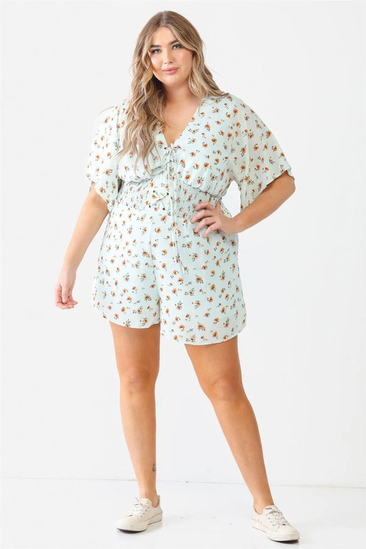 Junior Plus Mint Flower Short Dolman Sleeve Lace-Up Smocked Romper /1-1-1 - Tasha Apparel Wholesale