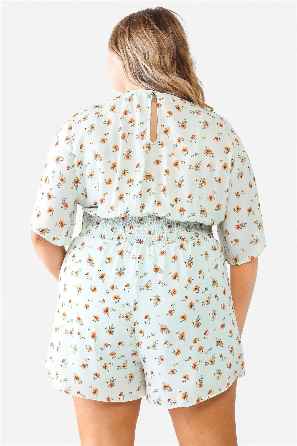 Junior Plus Mint Flower Short Dolman Sleeve Lace-Up Smocked Romper /1-1-1 - Tasha Apparel Wholesale