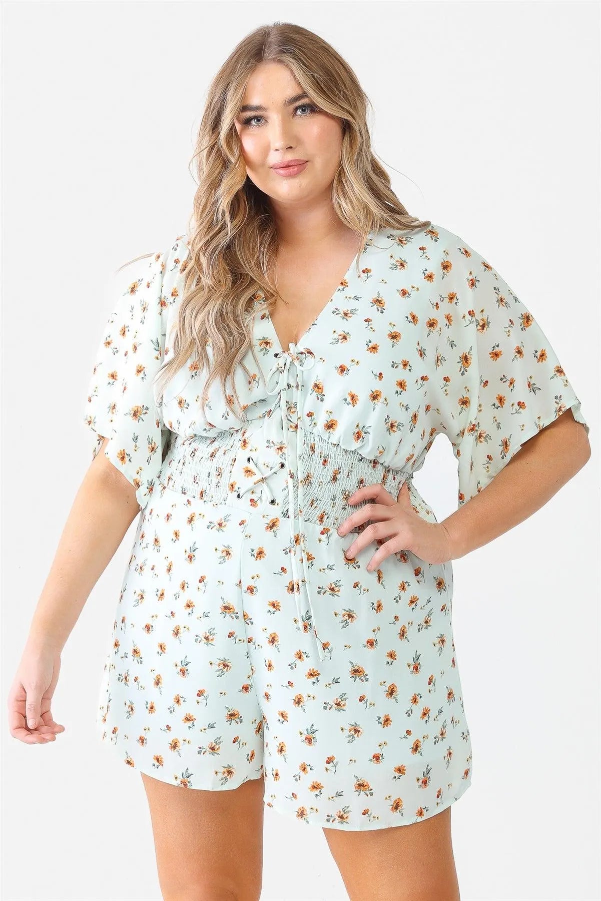 Junior Plus Mint Flower Short Dolman Sleeve Lace-Up Smocked Romper /1-1-1 - Tasha Apparel Wholesale