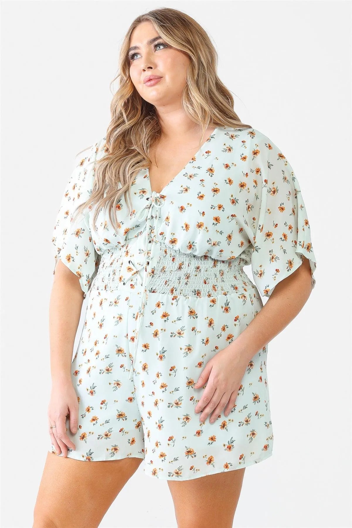 Junior Plus Mint Flower Short Dolman Sleeve Lace-Up Smocked Romper /1-1-1 - Tasha Apparel Wholesale