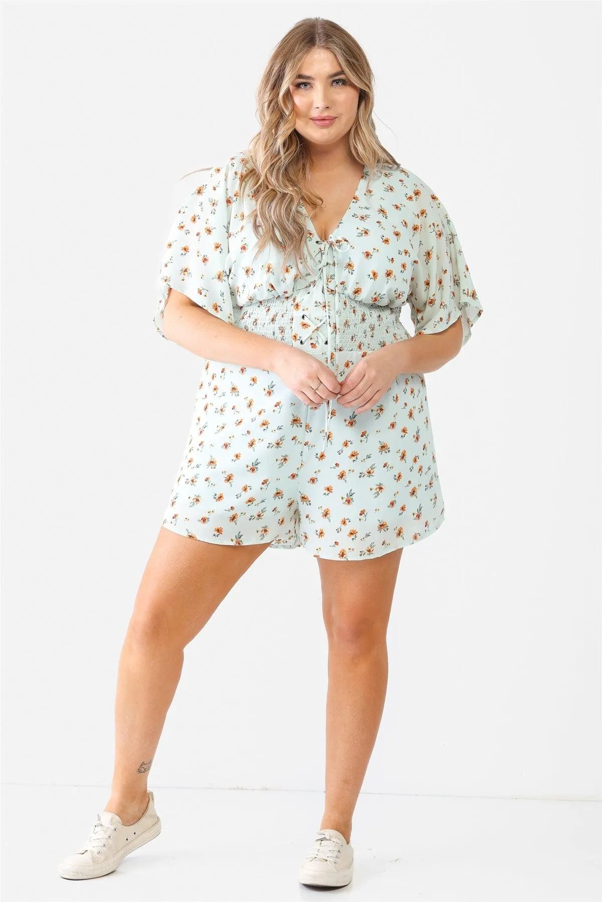Junior Plus Mint Flower Short Dolman Sleeve Lace-Up Smocked Romper /1-1-1 - Tasha Apparel Wholesale