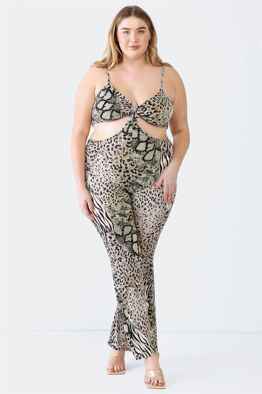 Plus Size Animal Print Bow Cut-Out Elasticized Jumpsuit - Tasha Apparel Wholesale