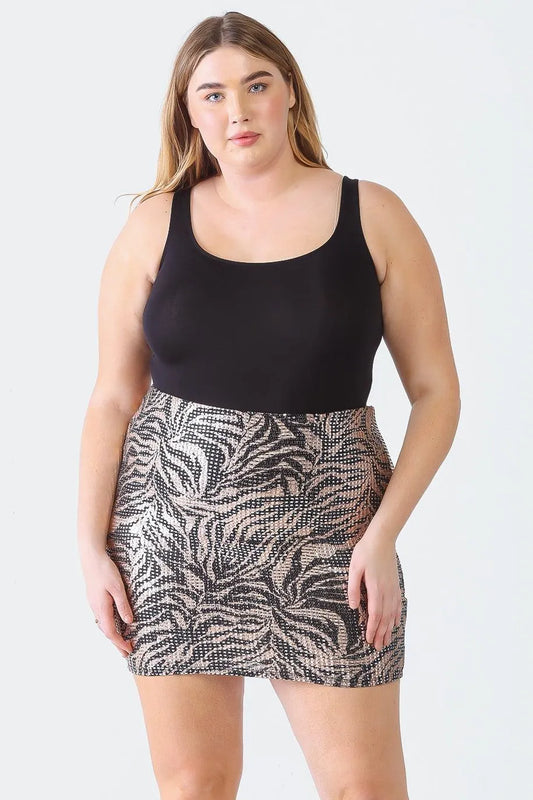 Junior Plus Rose Printed Sequin High Waist Mini Skirt - Tasha Apparel Wholesale