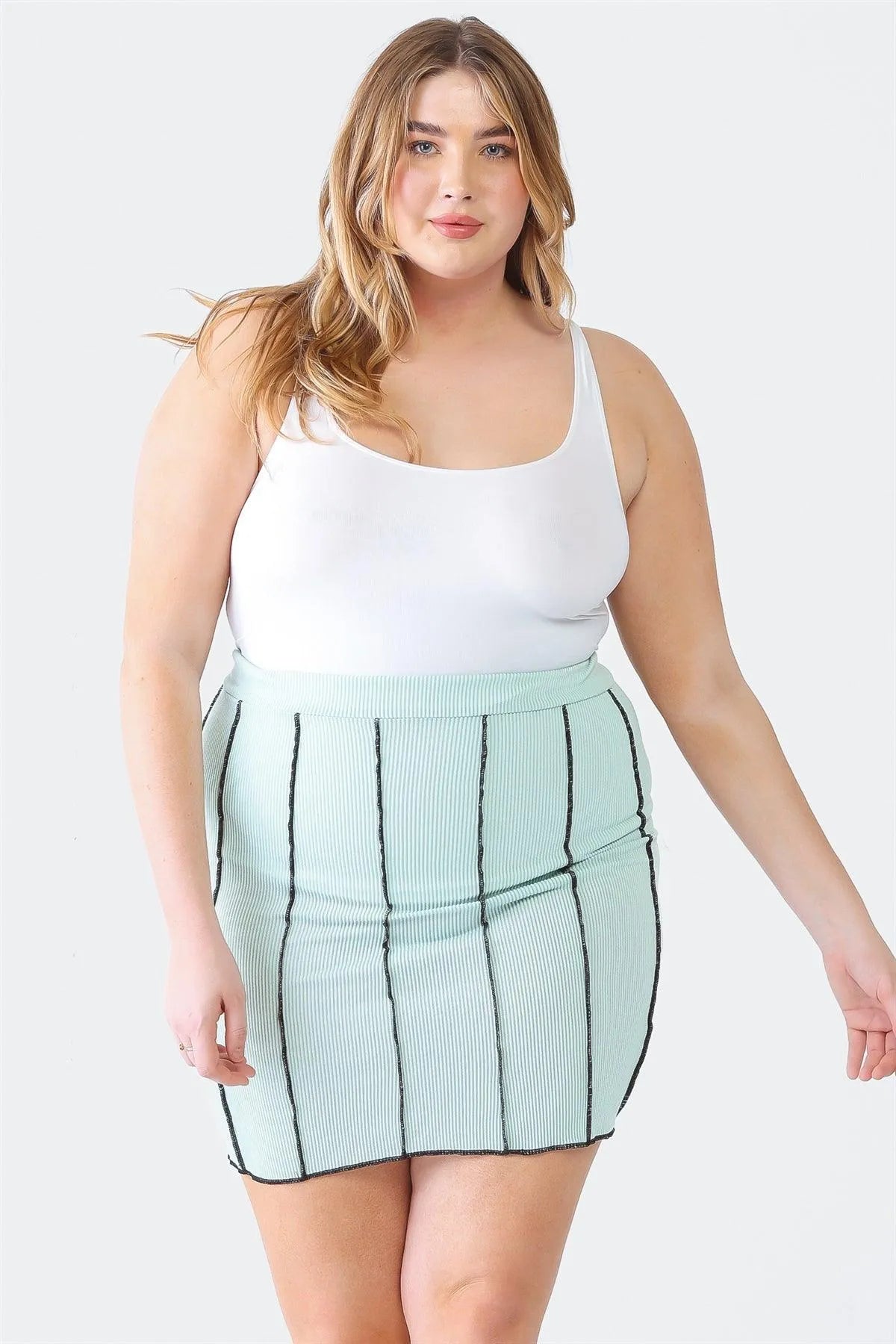 Plus Size Ribbed Contrast Stitch Mini Skirt - Mint Green Bodycon Skirt Mint / 1X-2X-3X/1-1-1 Plus Size Ribbed Contrast Stitch Mini Skirt - Mint Green Bodycon Skirt Mint / 1X-2X-3X/1-1-1