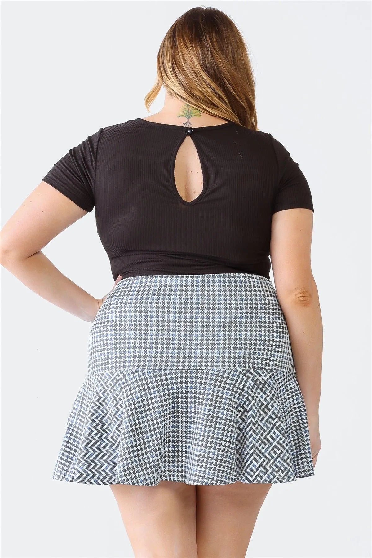 Plus Size Blue Plaid High Waist Flare Hem Mini Skirt - Tasha Apparel Wholesale
