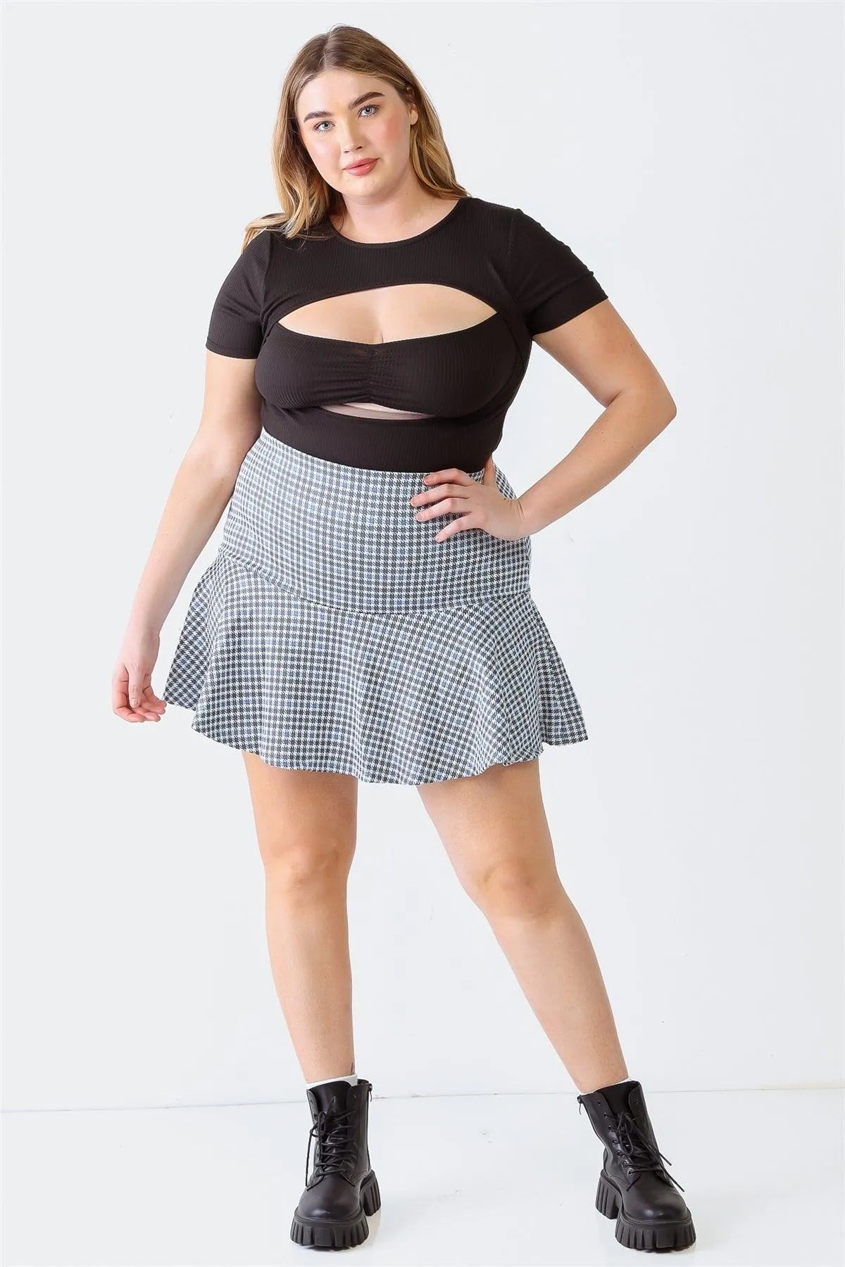Plus Size Blue Plaid High Waist Flare Hem Mini Skirt - Tasha Apparel Wholesale