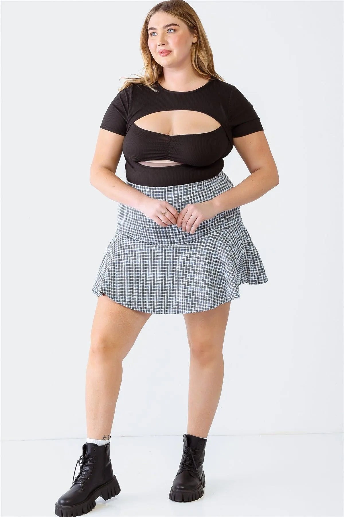 Plus Size Blue Plaid High Waist Flare Hem Mini Skirt - Tasha Apparel Wholesale