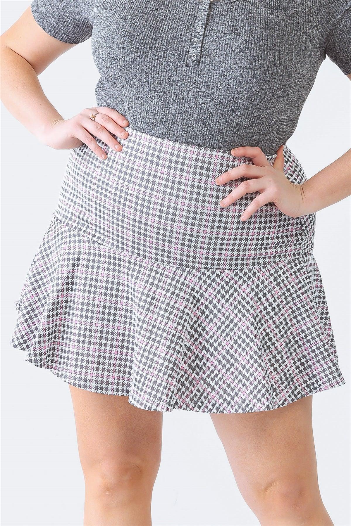 Junior Plus Pink Plaid High Waist Flare Hem Mini Skirt /1-1-1