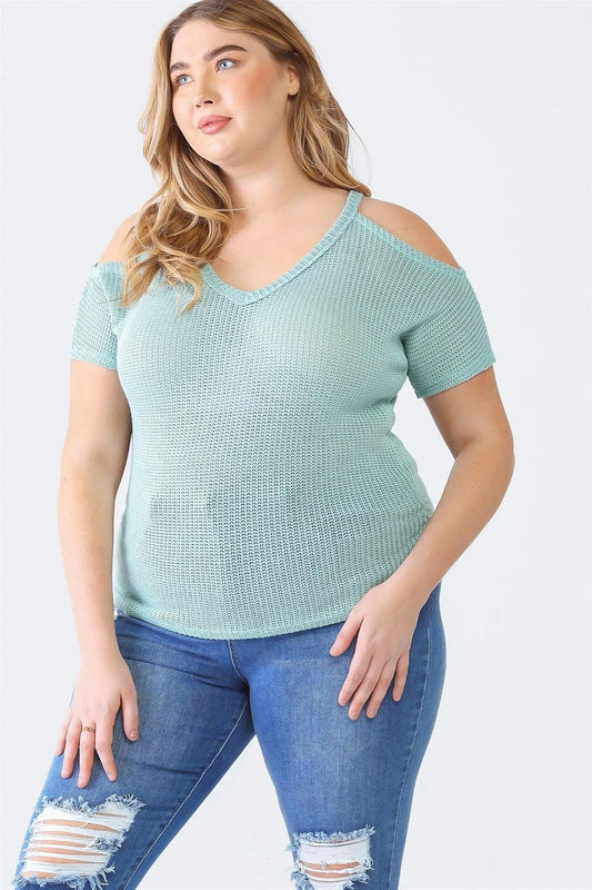 Junior Plus Mint Knit Off-The-Shoulder Short Sleeve Top /1-1-1 - Tasha Apparel Wholesale