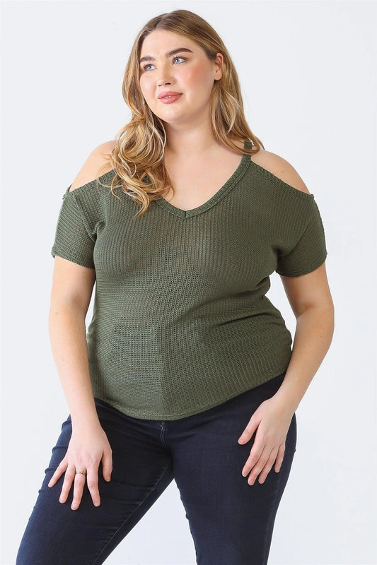 Junior Plus Olive Knit Off-The-Shoulder Short Sleeve Top /1-1-1 - Tasha Apparel Wholesale