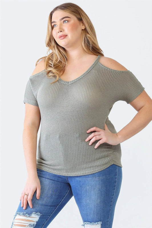 Junior Plus Sage Knit Off-The-Shoulder Short Sleeve Top /1-1-1 - Tasha Apparel Wholesale