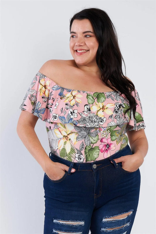 Plus Size Pink Tropical Print Off The Shoulder Snap Bottom Bodysuit /2-2-2 - Tasha Apparel Wholesale