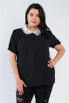 Junior Plus Size Black Chiffon Embellished Peter Pan Collar Top /2-2-1 - Tasha Apparel Wholesale