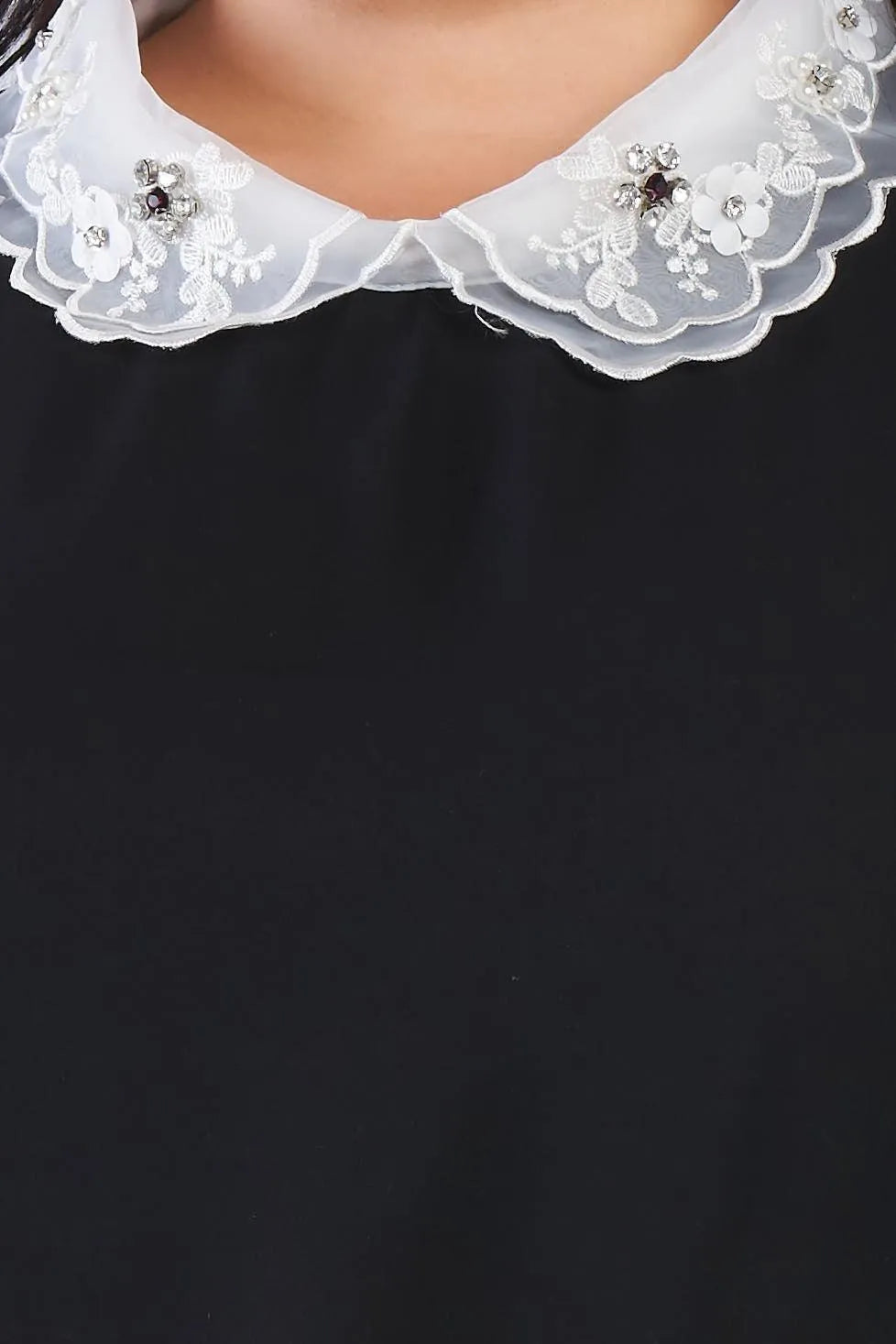 Junior Plus Size Black Chiffon Embellished Peter Pan Collar Top /2-2-1 - Tasha Apparel Wholesale