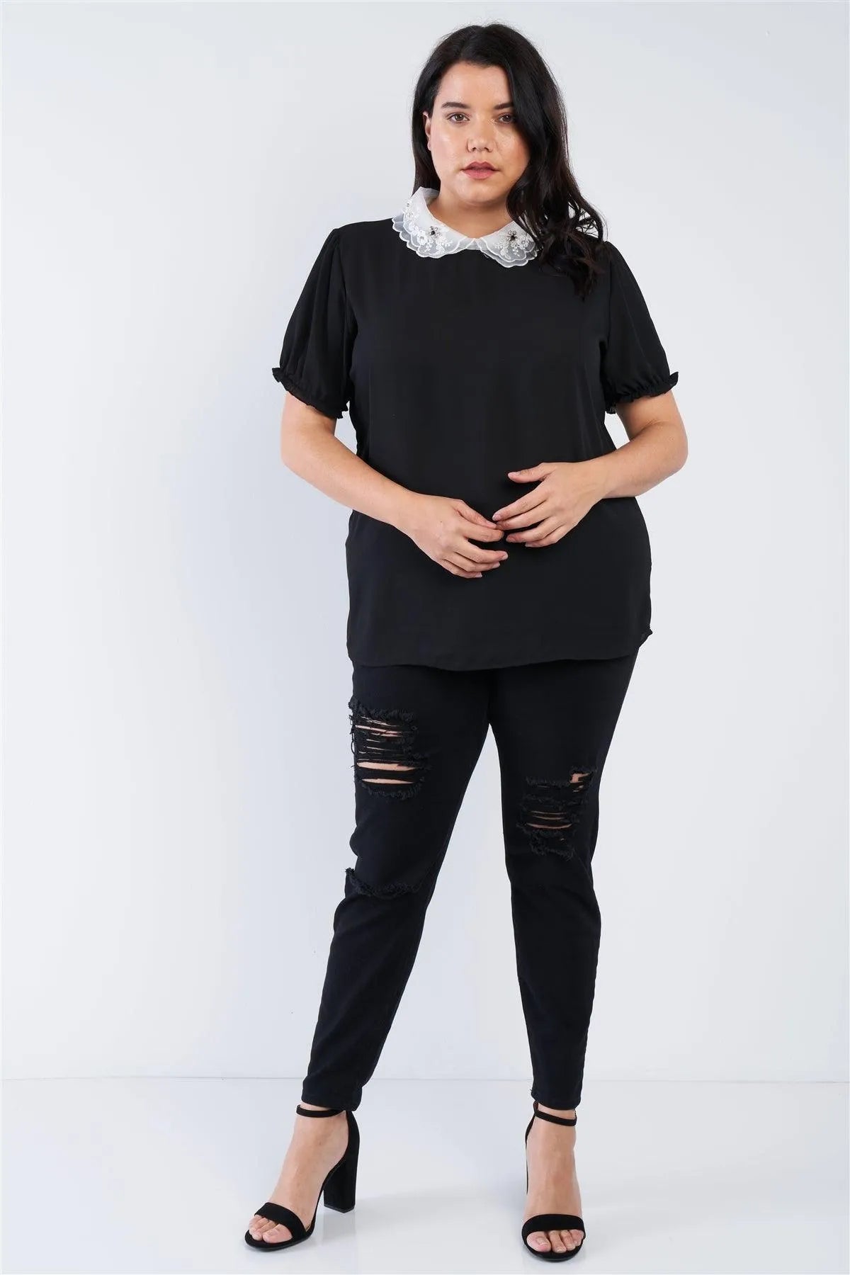 Junior Plus Size Black Chiffon Embellished Peter Pan Collar Top /2-2-1 - Tasha Apparel Wholesale