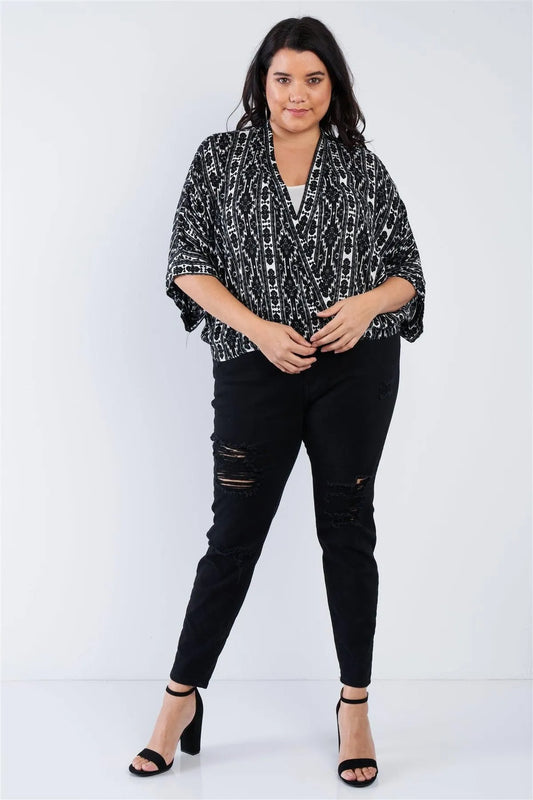 Junior Plus Size Black Boho Print Wrap Top /2-2-1 - Tasha Apparel Wholesale
