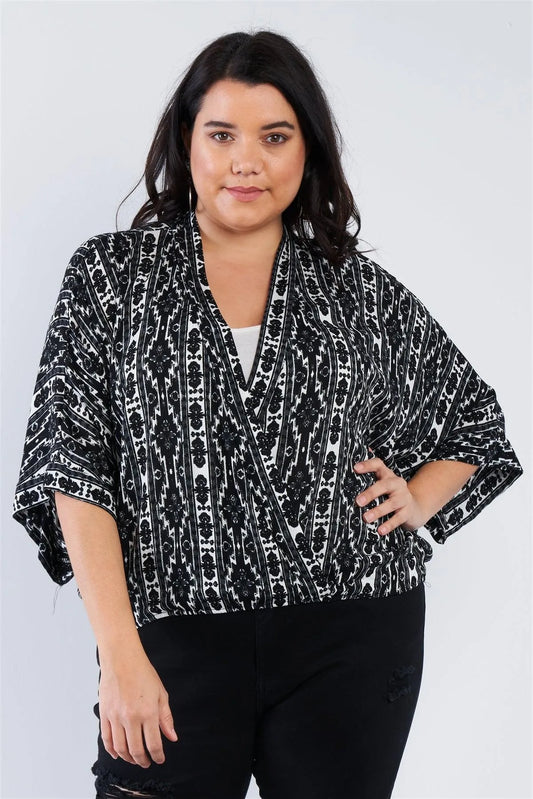 Junior Plus Size Black Boho Print Wrap Top /2-3-3 - Tasha Apparel Wholesale