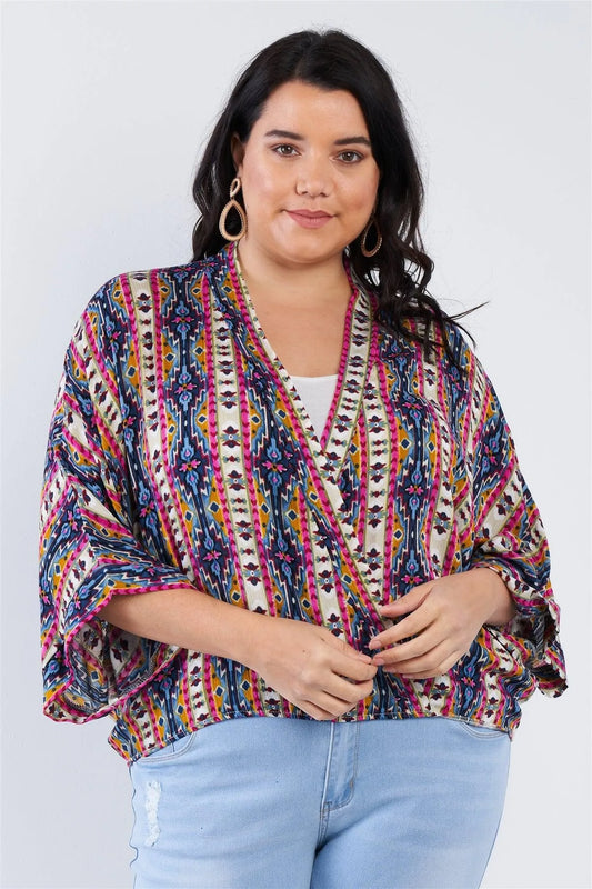 Junior Plus Size Fuchsia Boho Print Wrap Top /2-2-2 - Tasha Apparel Wholesale