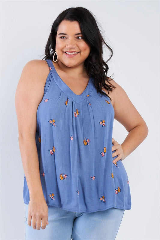Junior Plus Size Blue Floral Flowy Top /2-2-2 - Tasha Apparel Wholesale