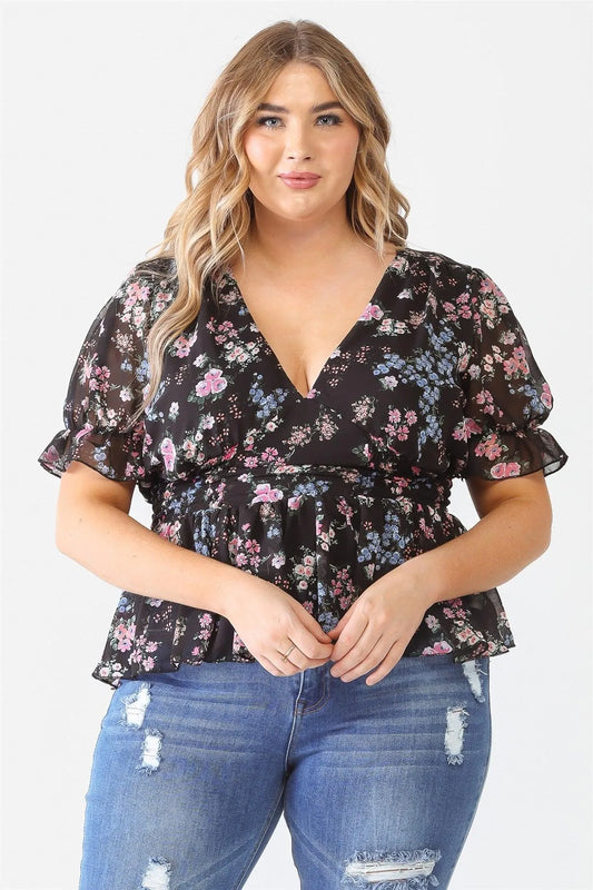 Junior Plus Black Floral Chiffon Puff Short Sleeve Flare Hem Top /1-1-1 - Tasha Apparel Wholesale