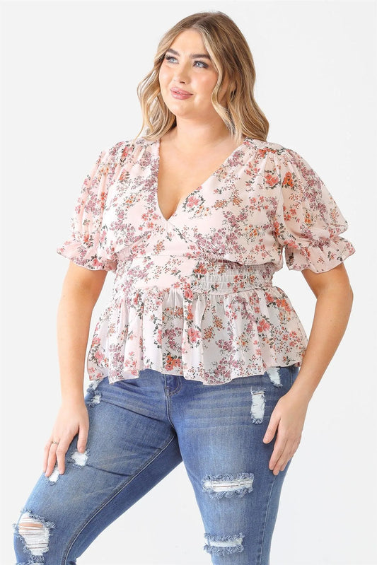 Junior Plus Peach Floral Chiffon Puff Short Sleeve Flare Hem Top /1-1-1 - Tasha Apparel Wholesale