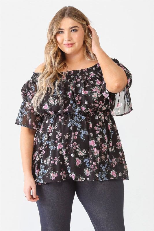 Junior Plus Black Floral Chiffon Off-The-Shoulder Short Sleeve Flare Hem Top /1-1-1 - Tasha Apparel Wholesale