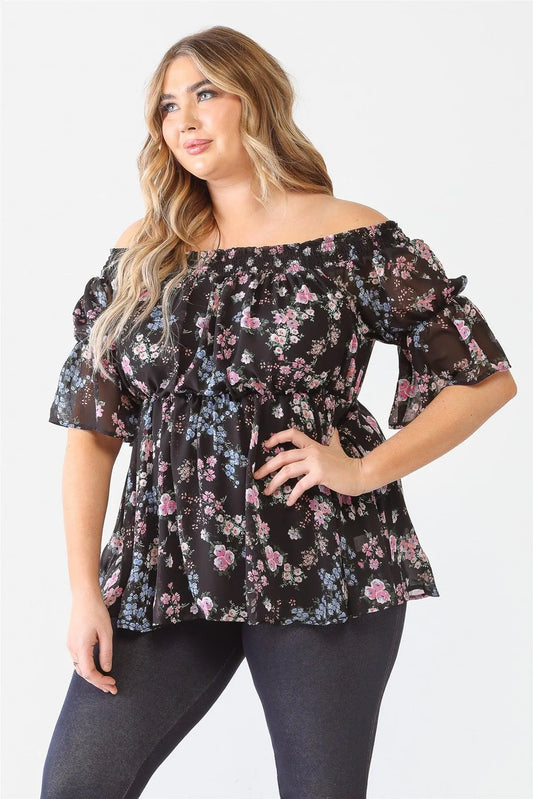 Junior Plus Black Floral Chiffon Off-The-Shoulder Short Sleeve Flare Hem Top /1-2-1 - Tasha Apparel Wholesale