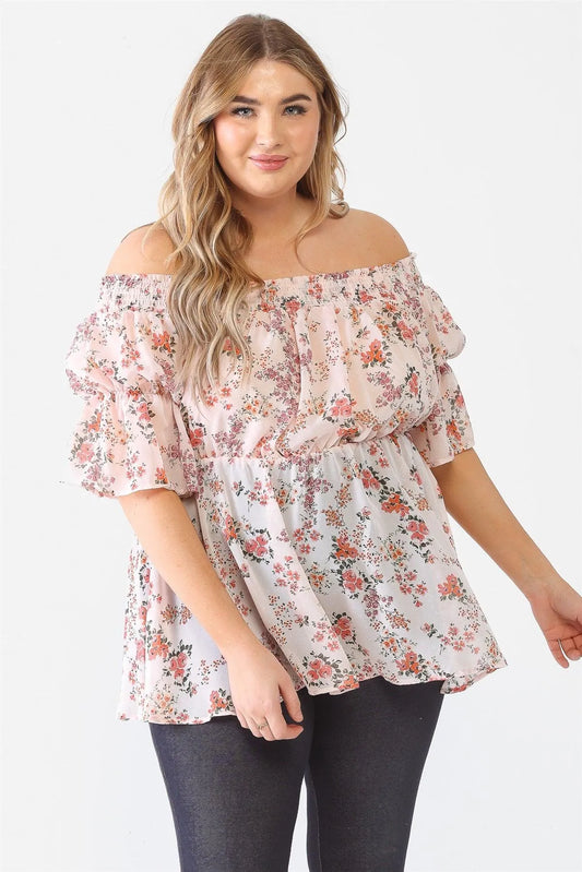 Junior Plus Peach Floral Chiffon Off-The-Shoulder Midi Sleeve Flare Hem Top /1-1-1 - Tasha Apparel Wholesale