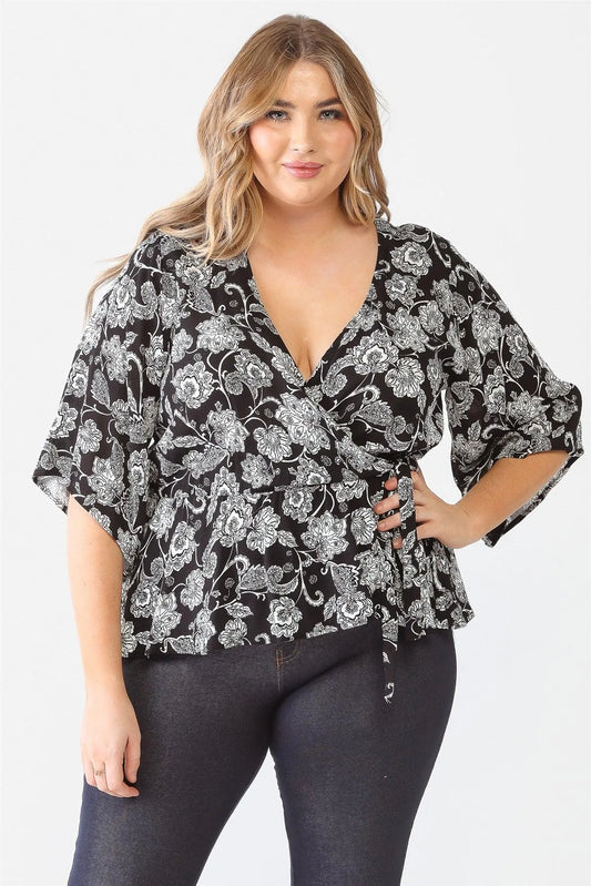 Junior Plus Black Floral Wrap Tie Detail Midi Sleeve Top /1-1-1 - Tasha Apparel Wholesale