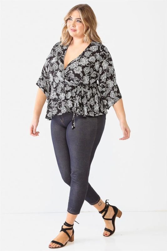 Junior Plus Black Floral Wrap Tie Detail Midi Sleeve Top /1-1-2 - Tasha Apparel Wholesale
