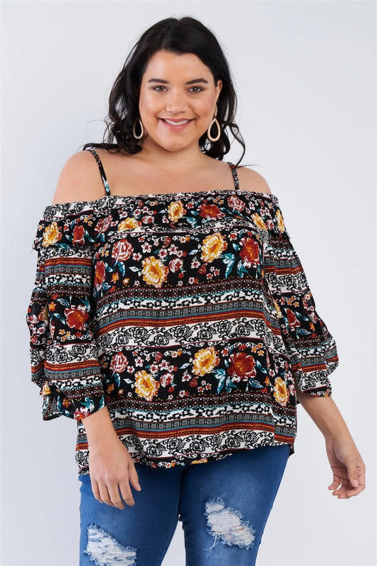 Junior Plus Size Black Off The Shoulder Boho Chic Top /2-2-2 - Tasha Apparel Wholesale