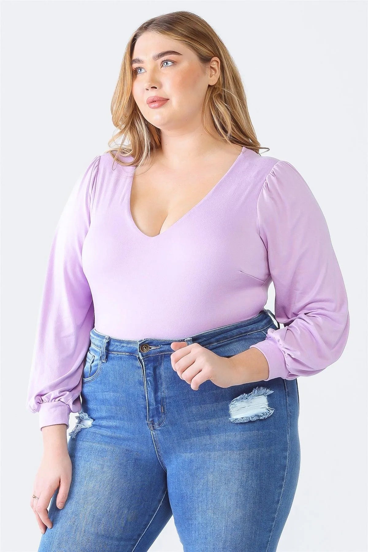 Junior Plus Lavender V-Neck Long Sleeve Soft-To-Touch Bodysuit /1-1-1 - Tasha Apparel Wholesale