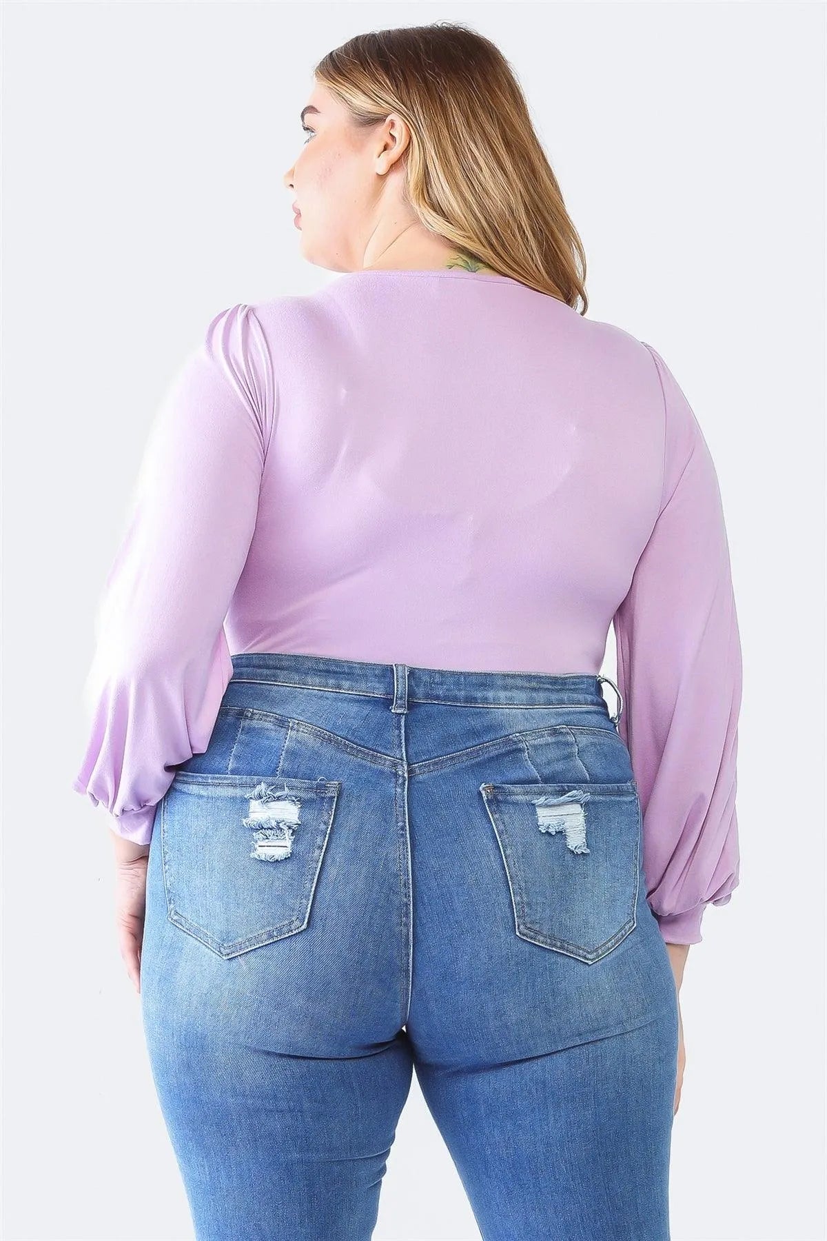 Junior Plus Lavender V-Neck Long Sleeve Soft-To-Touch Bodysuit /1-1-1 - Tasha Apparel Wholesale