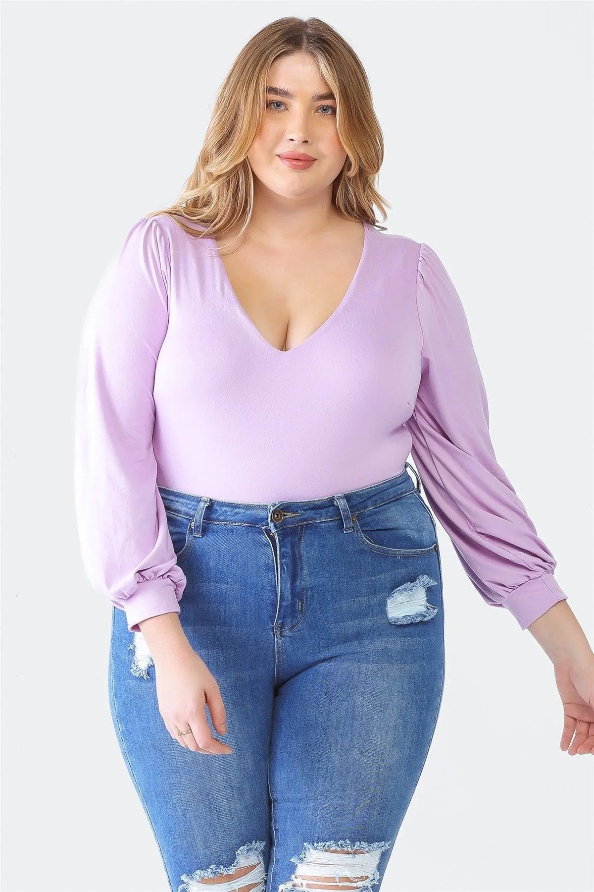 Junior Plus Lavender V-Neck Long Sleeve Soft-To-Touch Bodysuit /1-1-1 - Tasha Apparel Wholesale