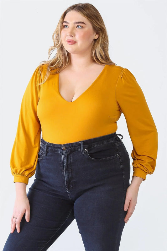 Junior Plus Mustard V-Neck Long Sleeve Soft-To-Touch Bodysuit /1-1-1 - Tasha Apparel Wholesale